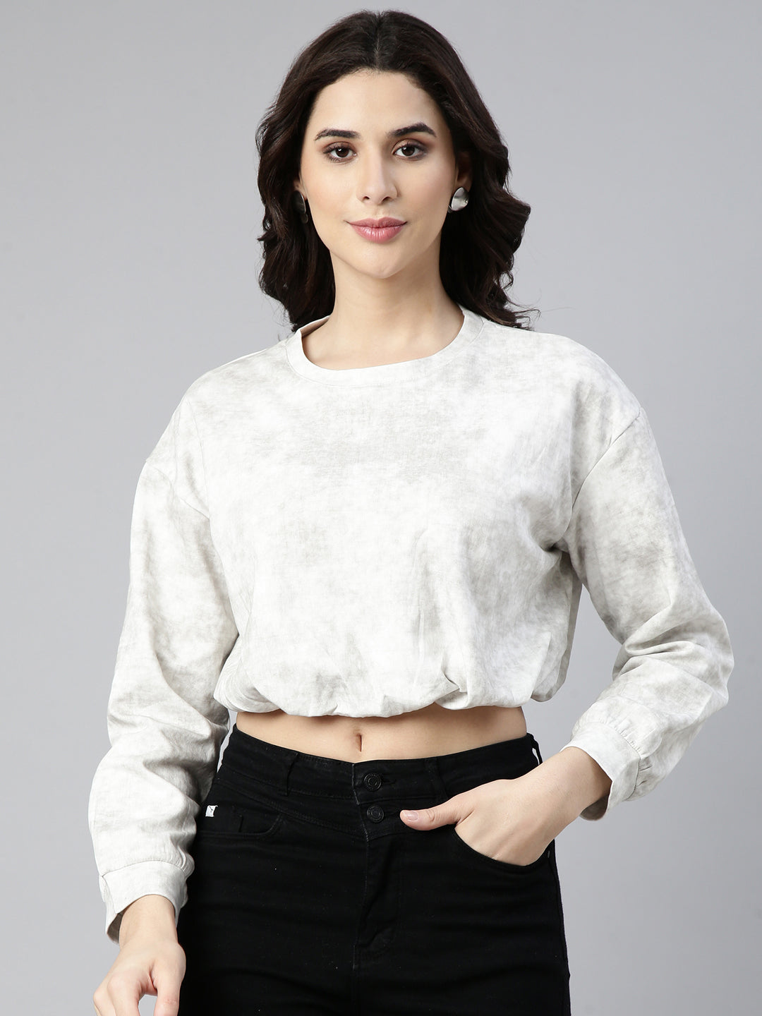 Women's Off White Round Neck Blouson Drop Shoulder Crop Top