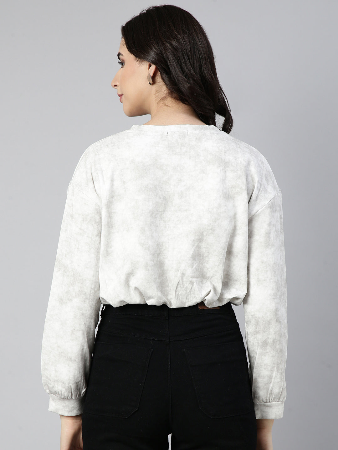 Women's Off White Round Neck Blouson Drop Shoulder Crop Top