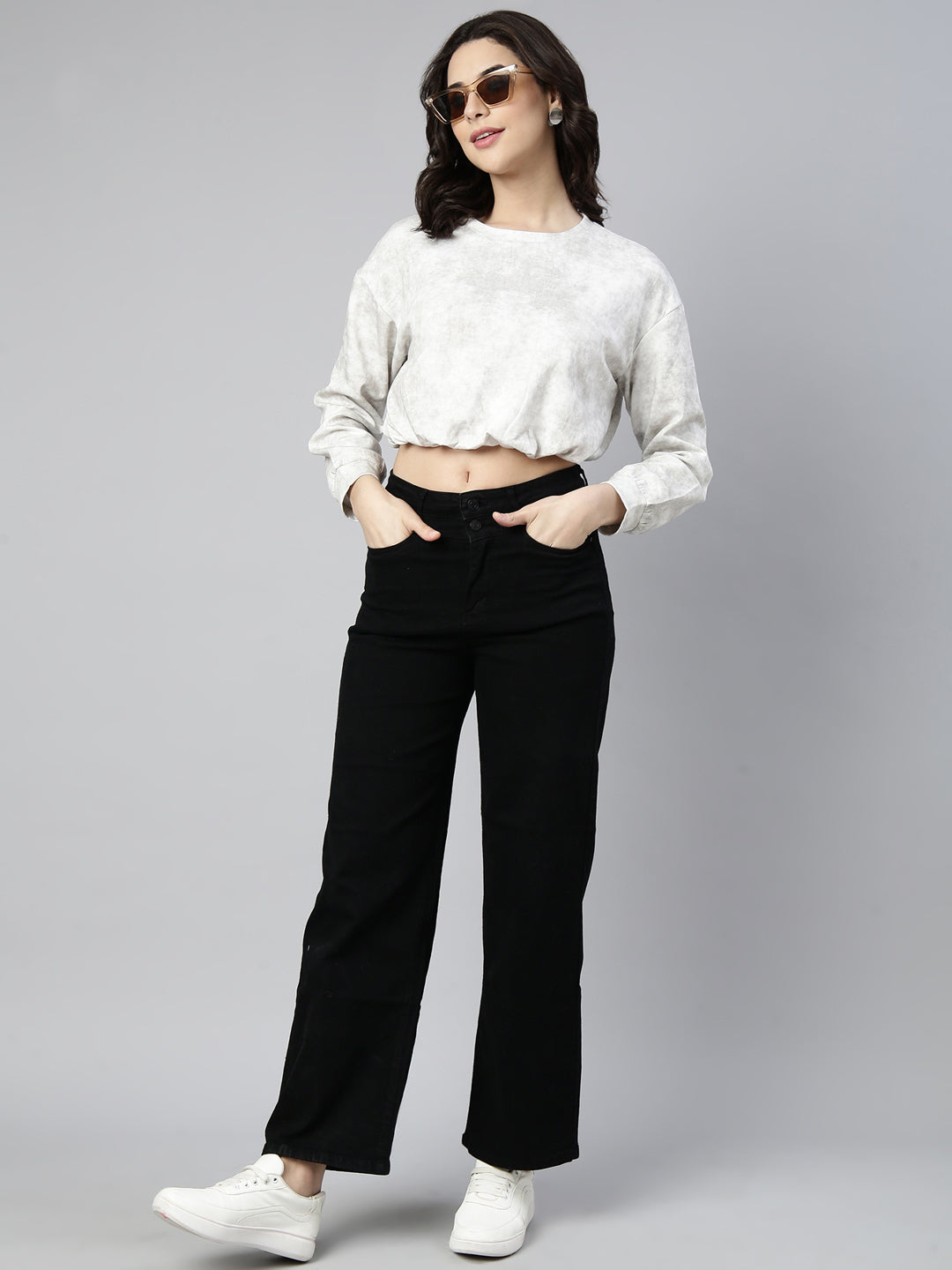 Women's Off White Round Neck Blouson Drop Shoulder Crop Top