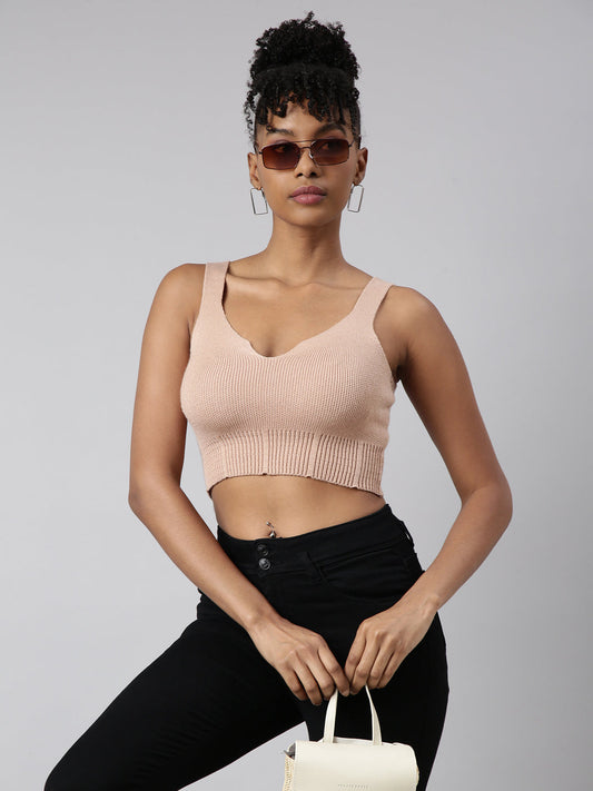 Women's Solid Beige Bralette Crop Top