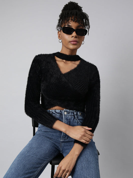 Women's Black Choker Neck Long Sleeves Wrap Crop Top