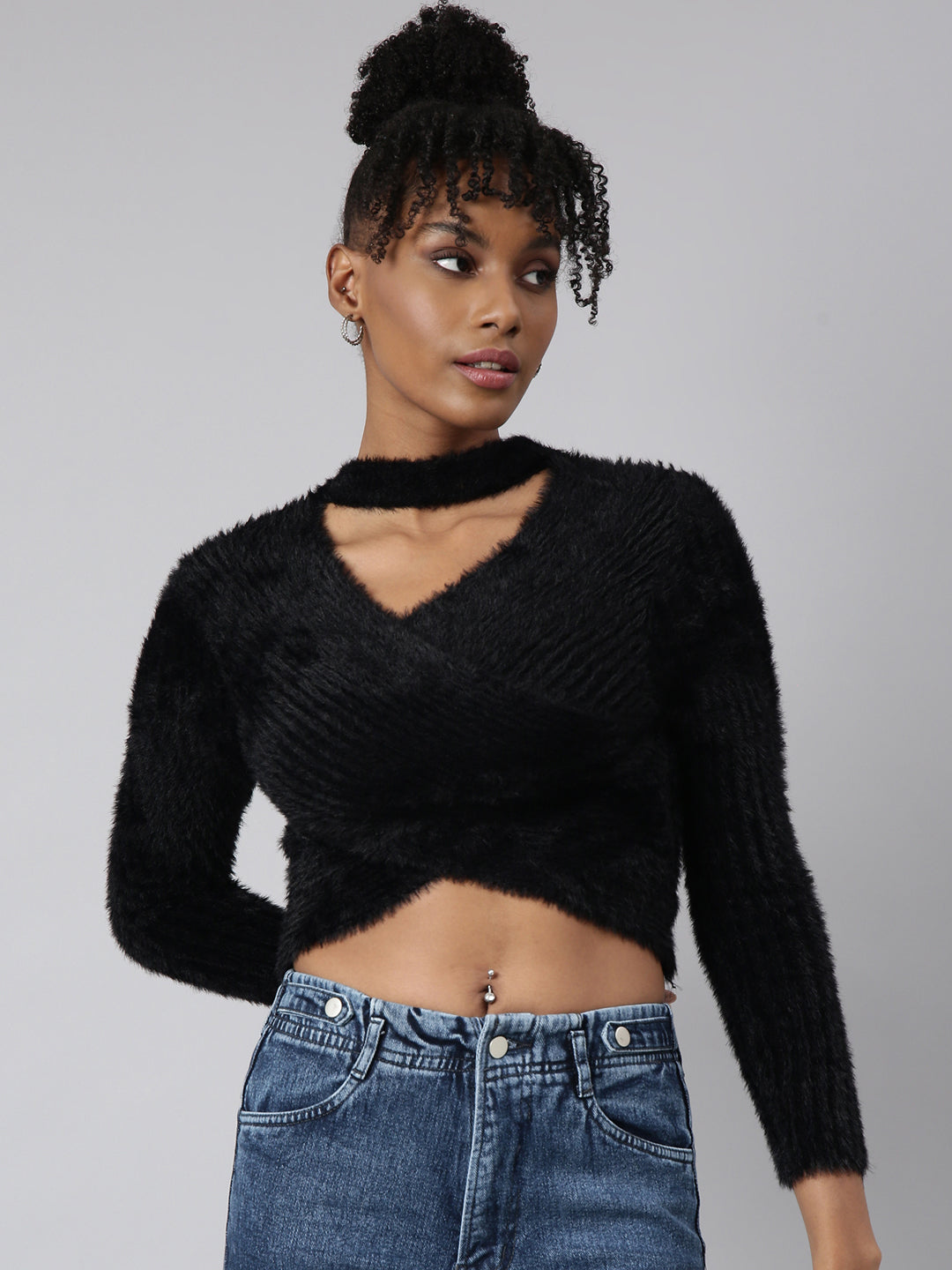 Women's Black Choker Neck Long Sleeves Wrap Crop Top