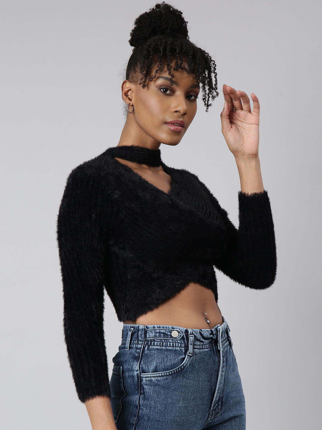 Women's Black Choker Neck Long Sleeves Wrap Crop Top