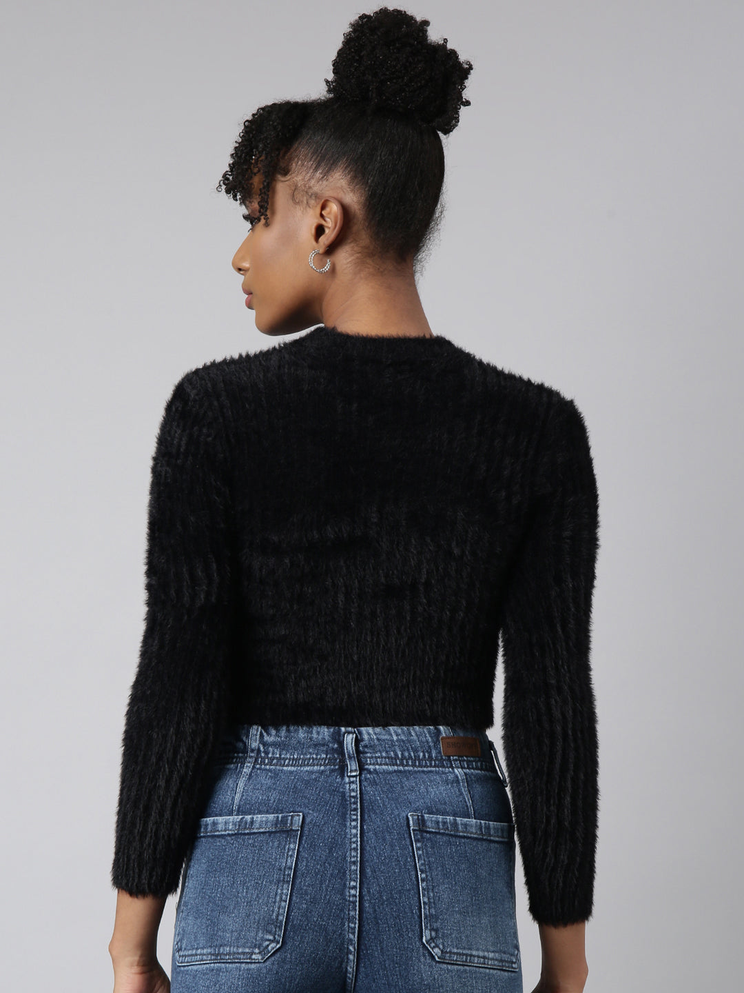 Women's Black Choker Neck Long Sleeves Wrap Crop Top