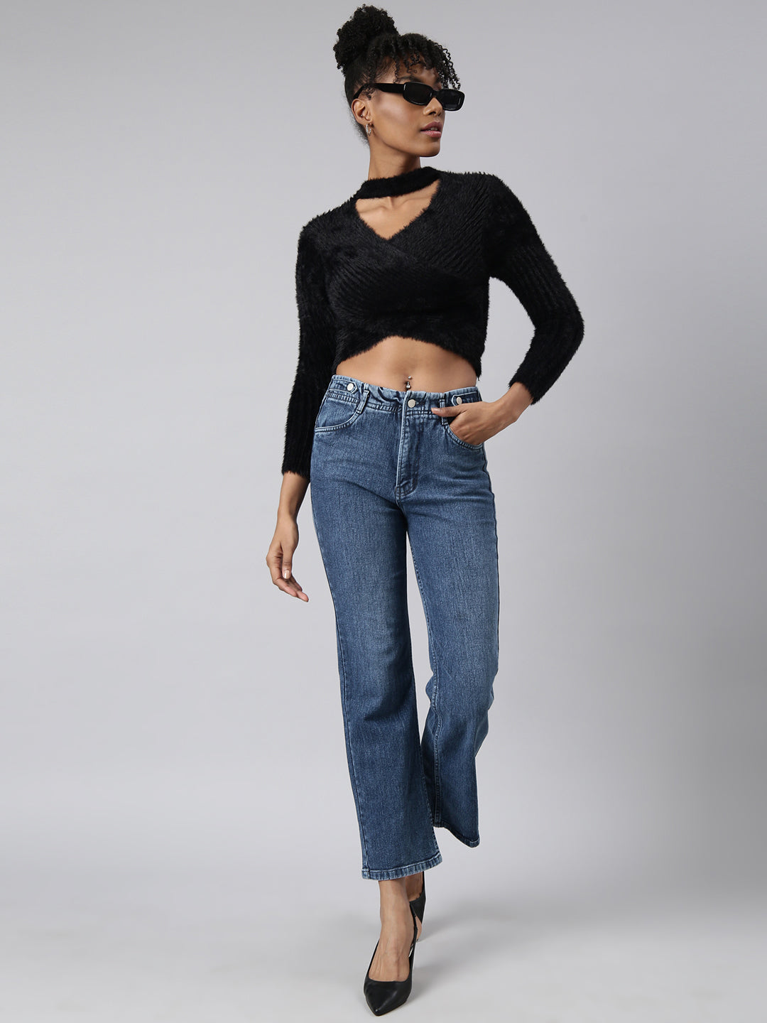 Women's Black Choker Neck Long Sleeves Wrap Crop Top