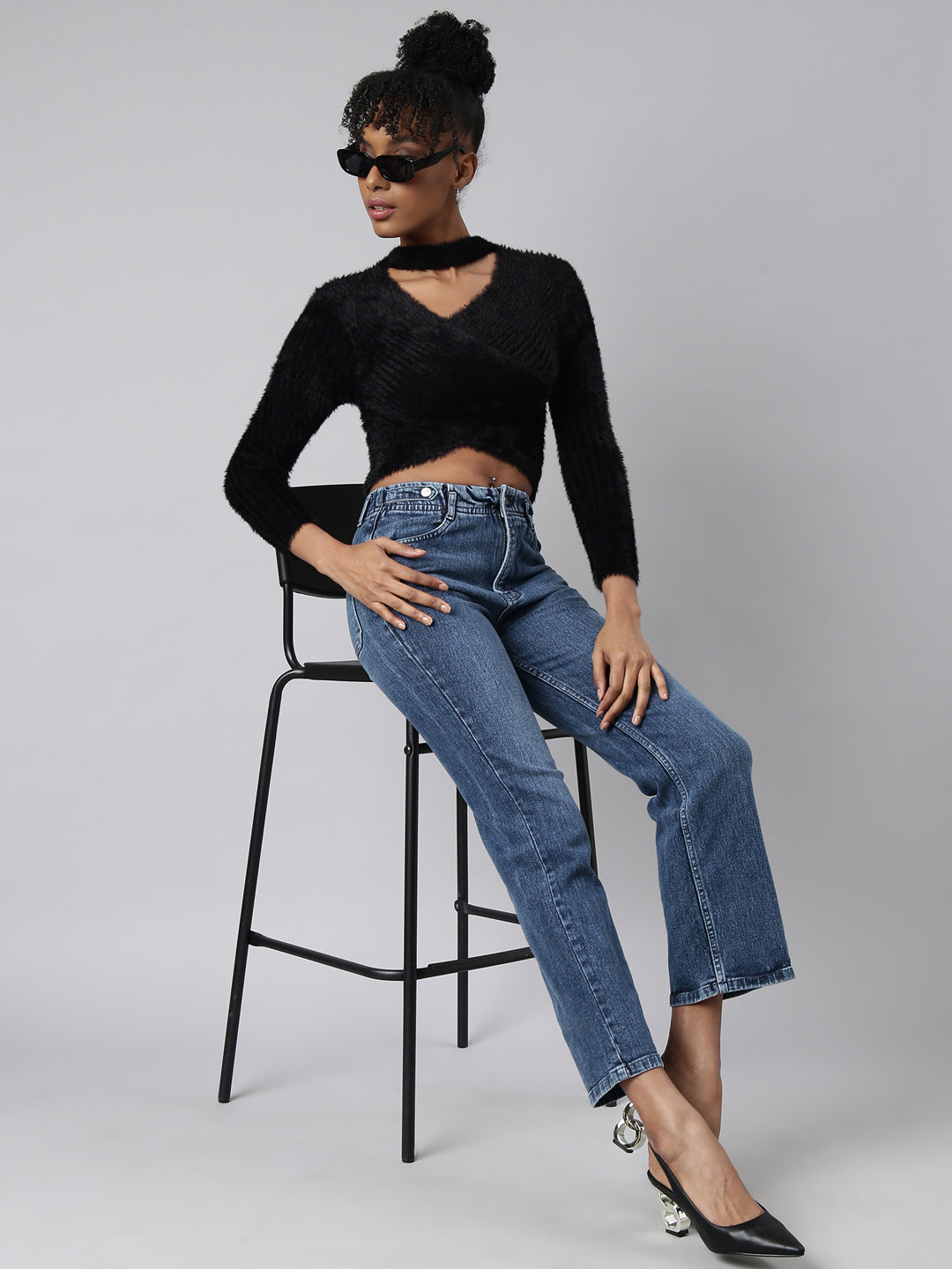 Women's Black Choker Neck Long Sleeves Wrap Crop Top