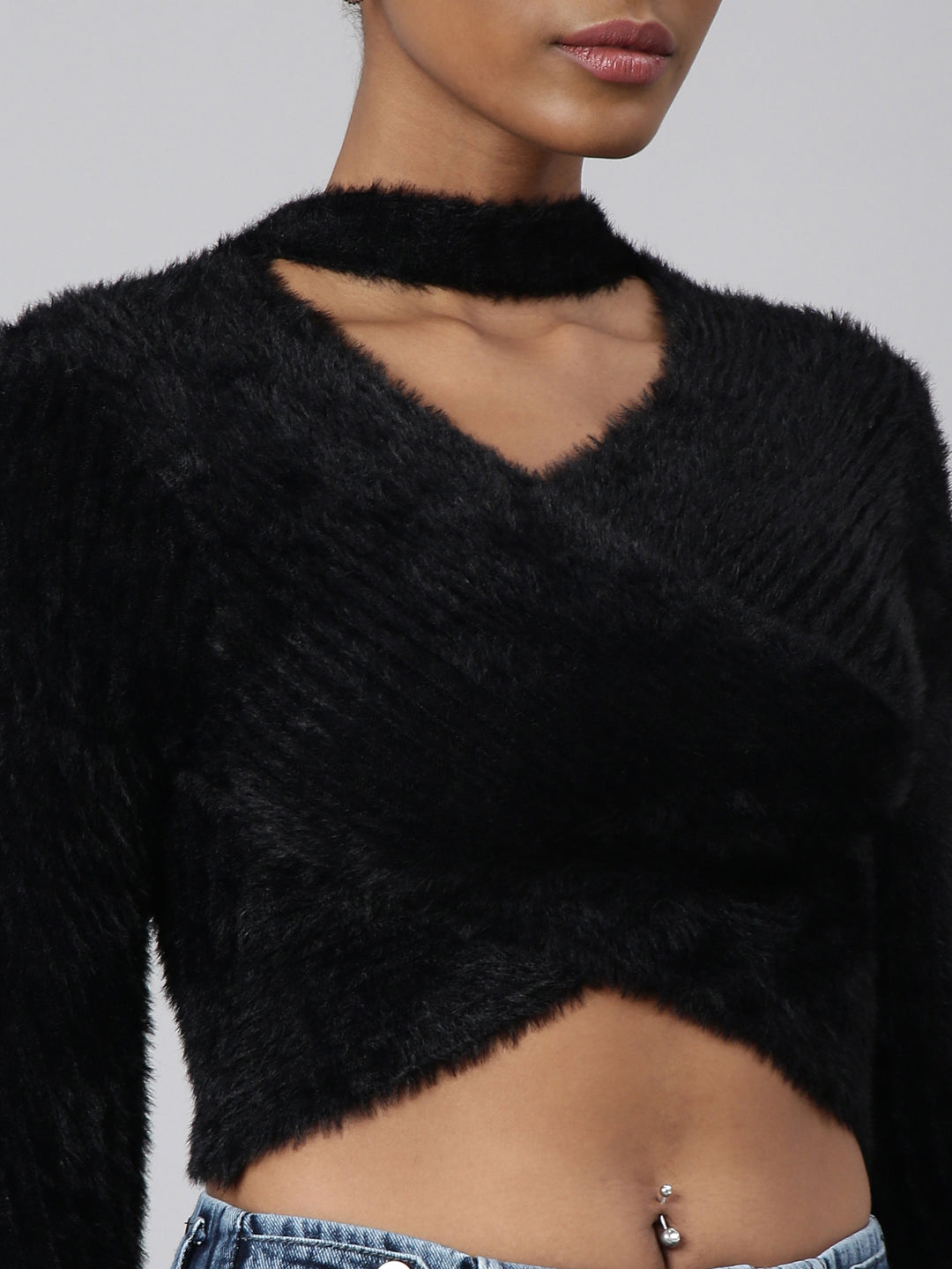 Women's Black Choker Neck Long Sleeves Wrap Crop Top