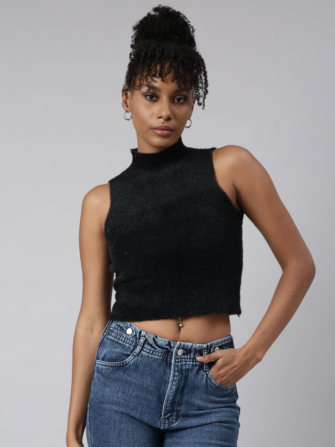 Women's Black High Neck Faux Fur Trim Fitted Top