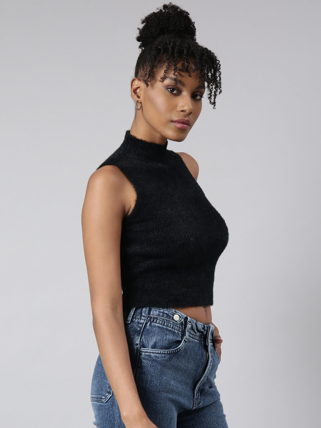 Women's Black High Neck Faux Fur Trim Fitted Top