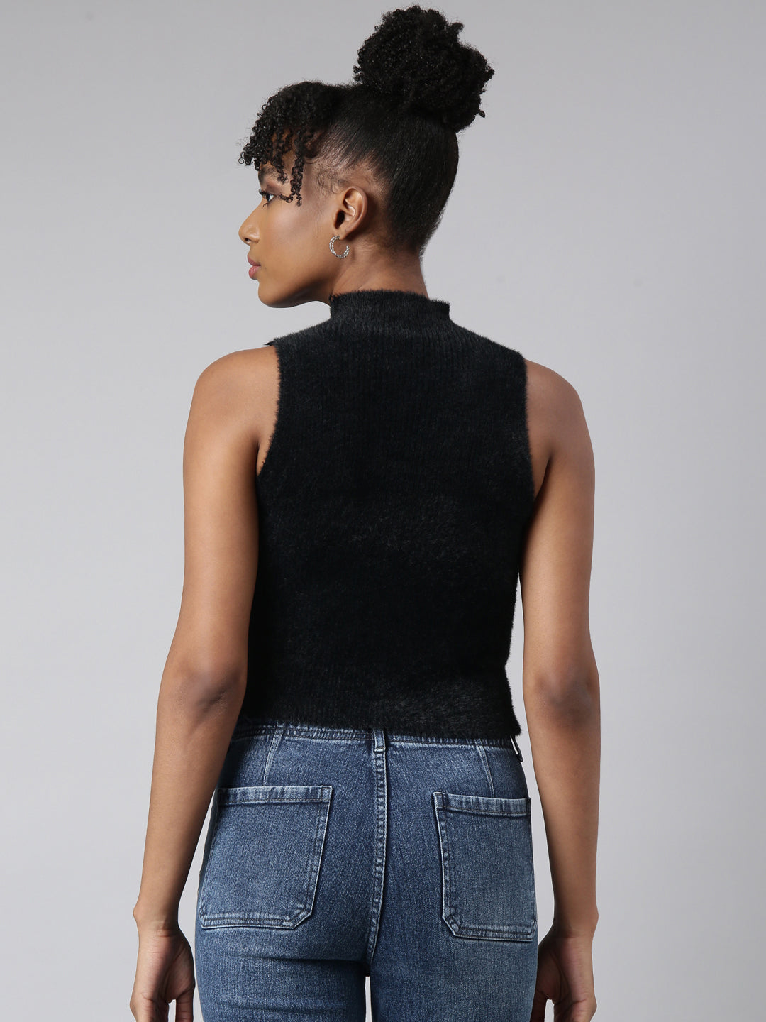 Women's Black High Neck Faux Fur Trim Fitted Top