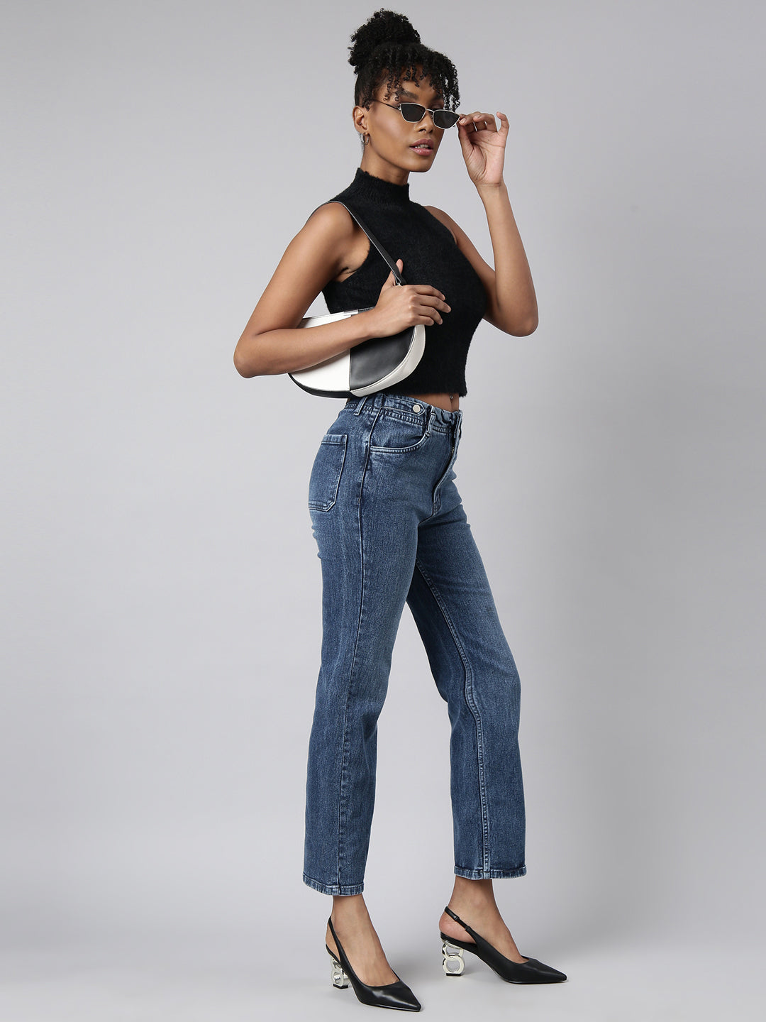 Women's Black High Neck Faux Fur Trim Fitted Top