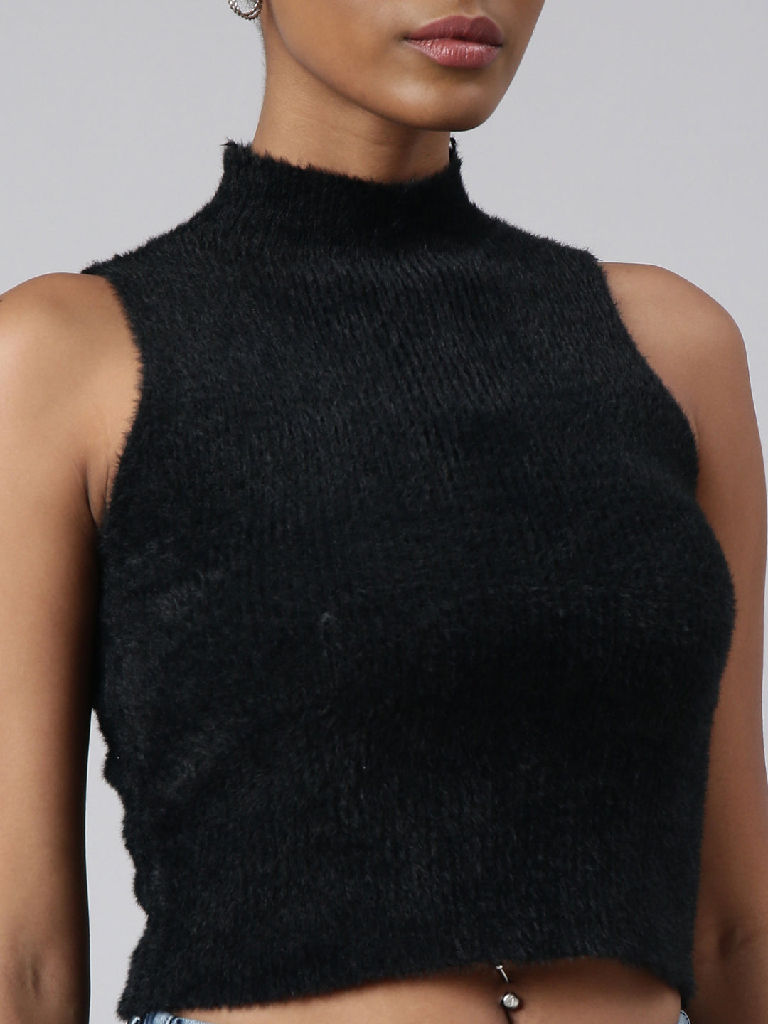 Women's Black High Neck Faux Fur Trim Fitted Top