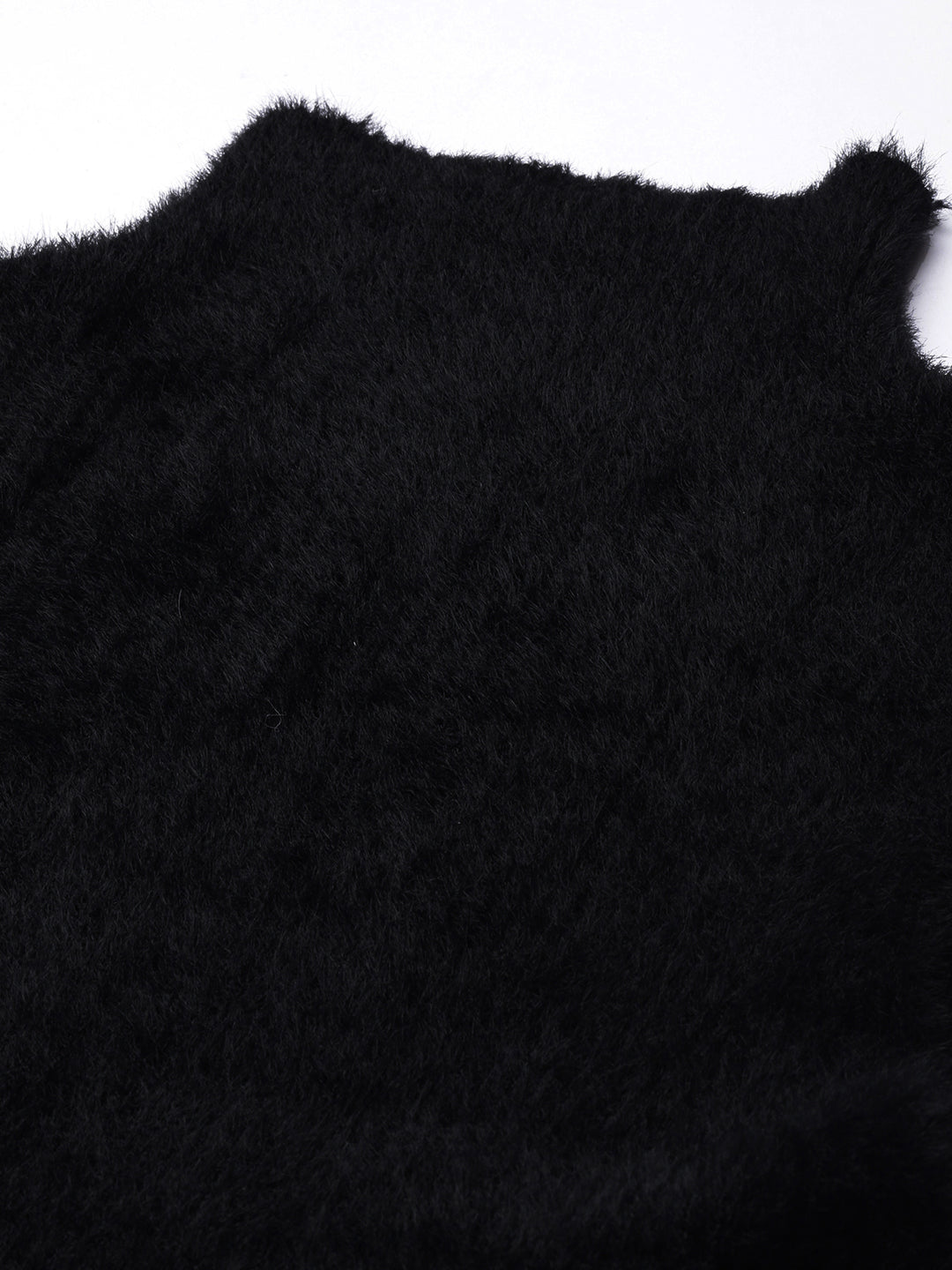 Women's Black High Neck Faux Fur Trim Fitted Top