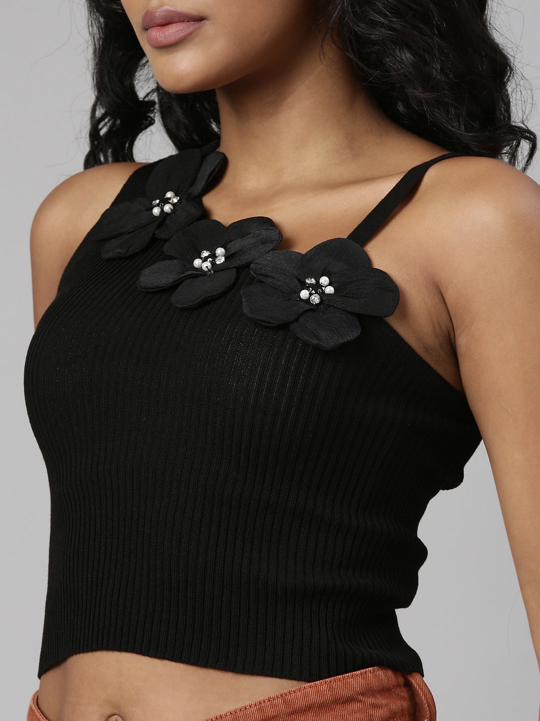 Women's Black Ribbed One Shoulder Crop Top