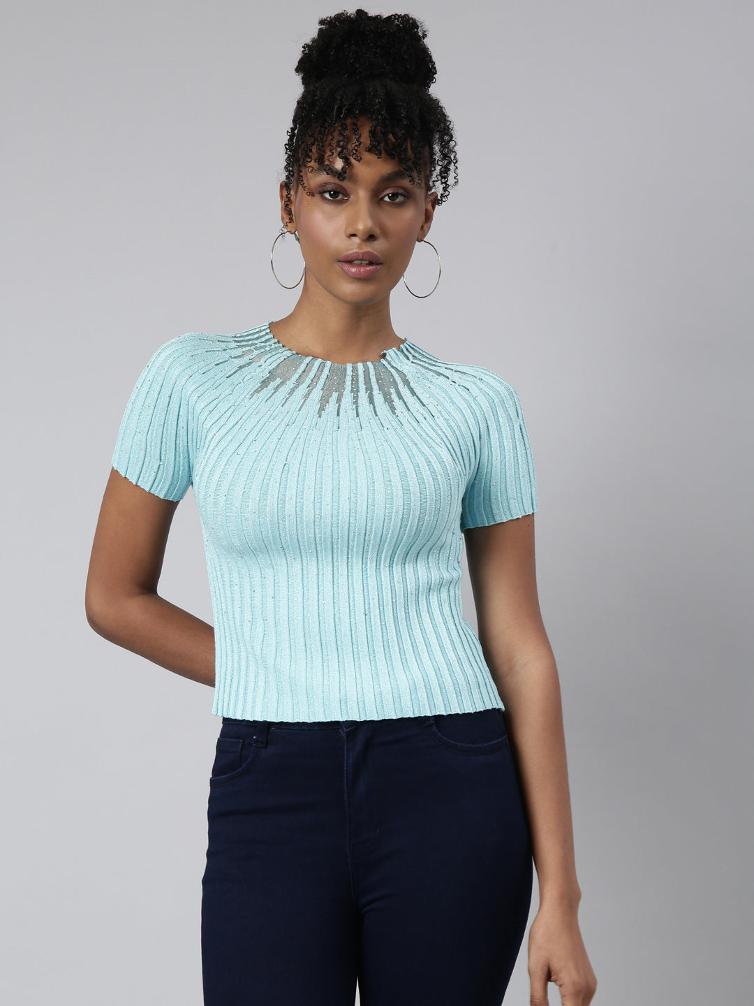 Women's Turquoise Blue Striped Embellished Short Sleeves Round Neck Crop Top