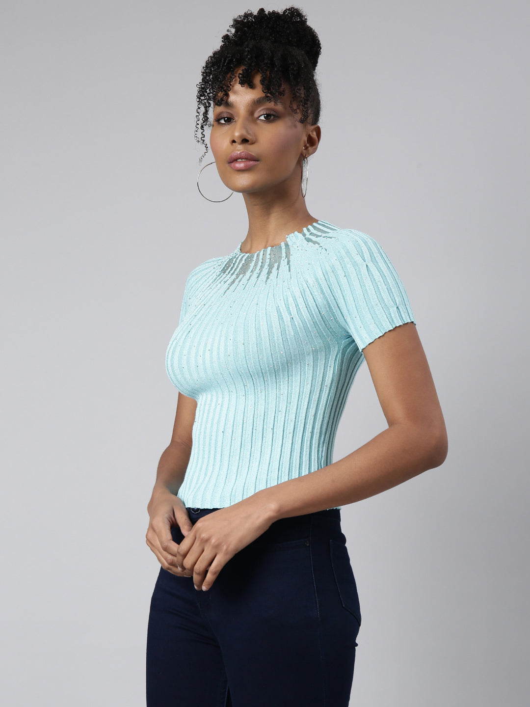 Women's Turquoise Blue Striped Embellished Short Sleeves Round Neck Crop Top