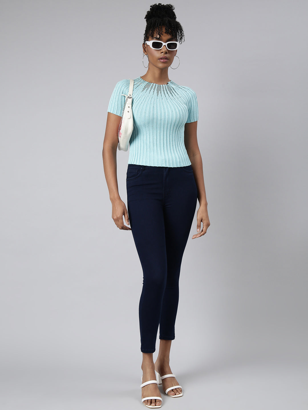 Women's Turquoise Blue Striped Embellished Short Sleeves Round Neck Crop Top