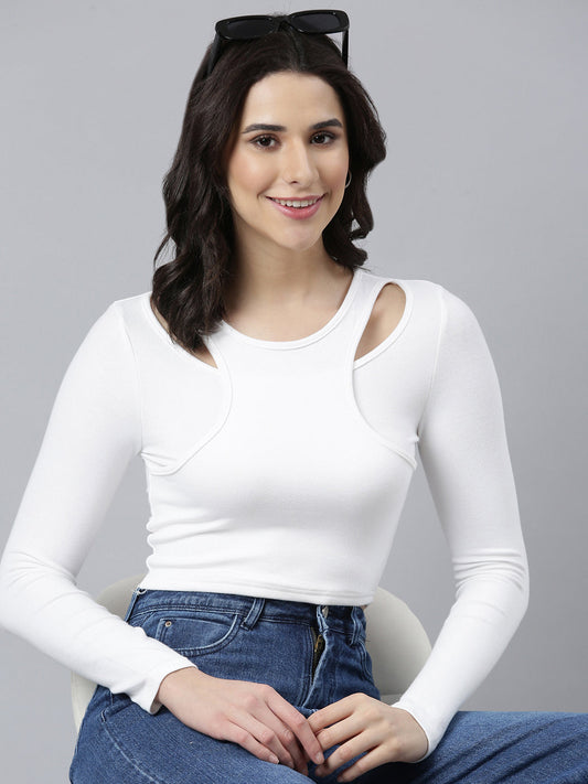 Women's Off White Cut Out Fitted Crop Top