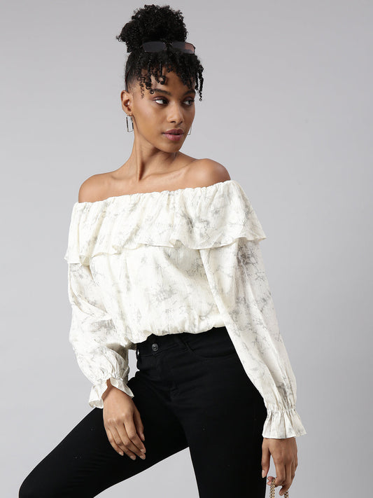 Women's Cream Off-Shoulder Abstract Bell Sleeve Blouson Crop Top