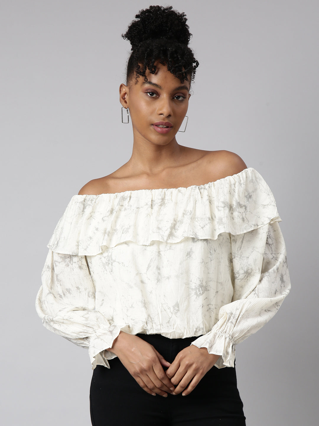 Women's Cream Off-Shoulder Abstract Bell Sleeve Blouson Crop Top