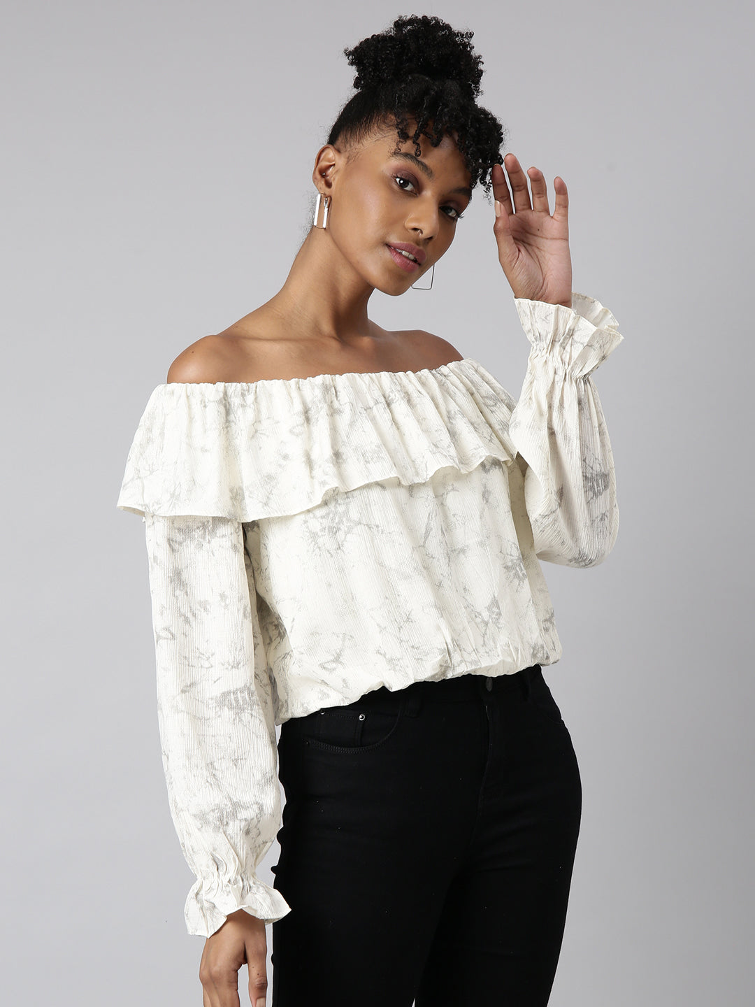 Women's Cream Off-Shoulder Abstract Bell Sleeve Blouson Crop Top