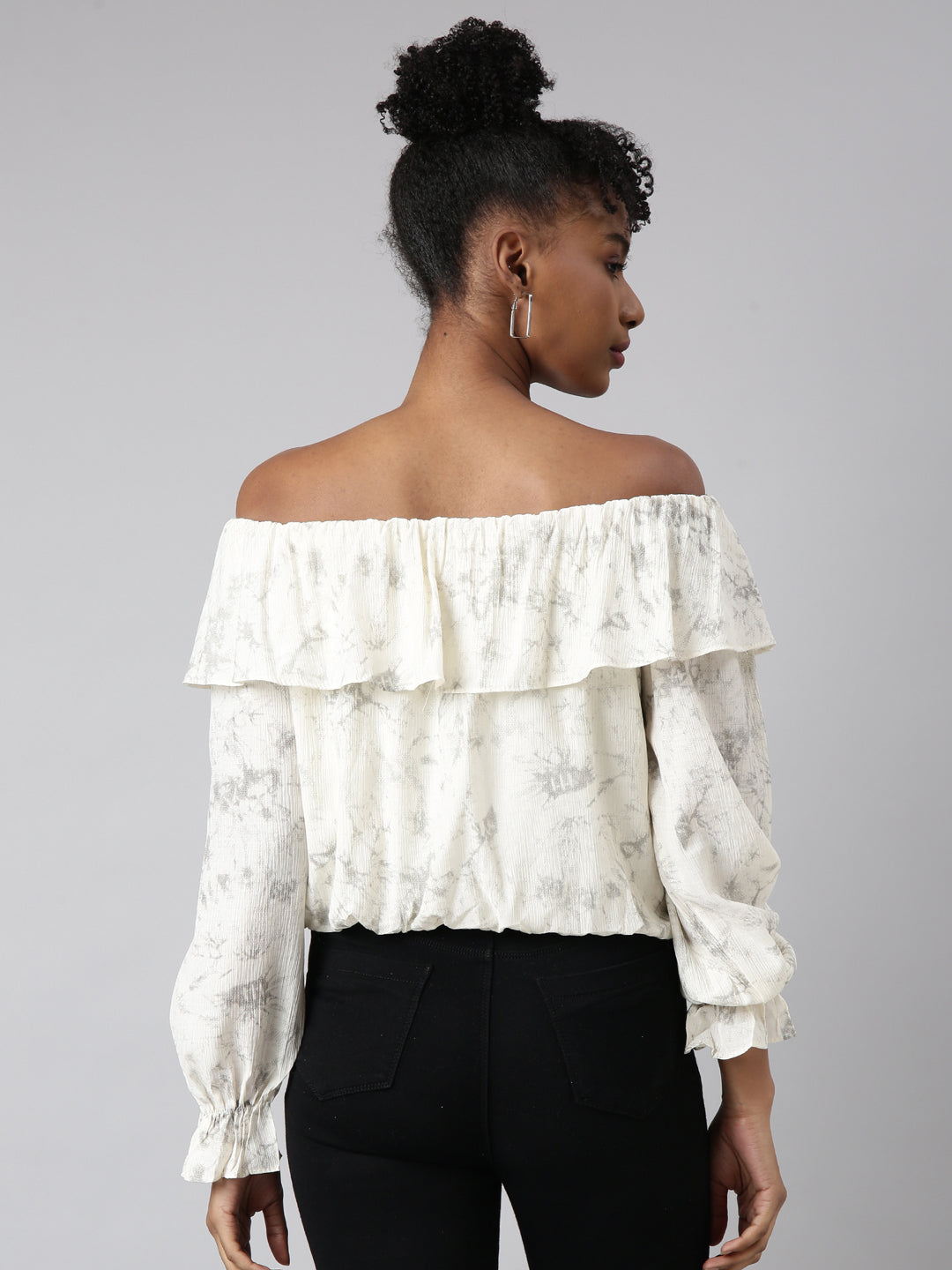 Women's Cream Off-Shoulder Abstract Bell Sleeve Blouson Crop Top