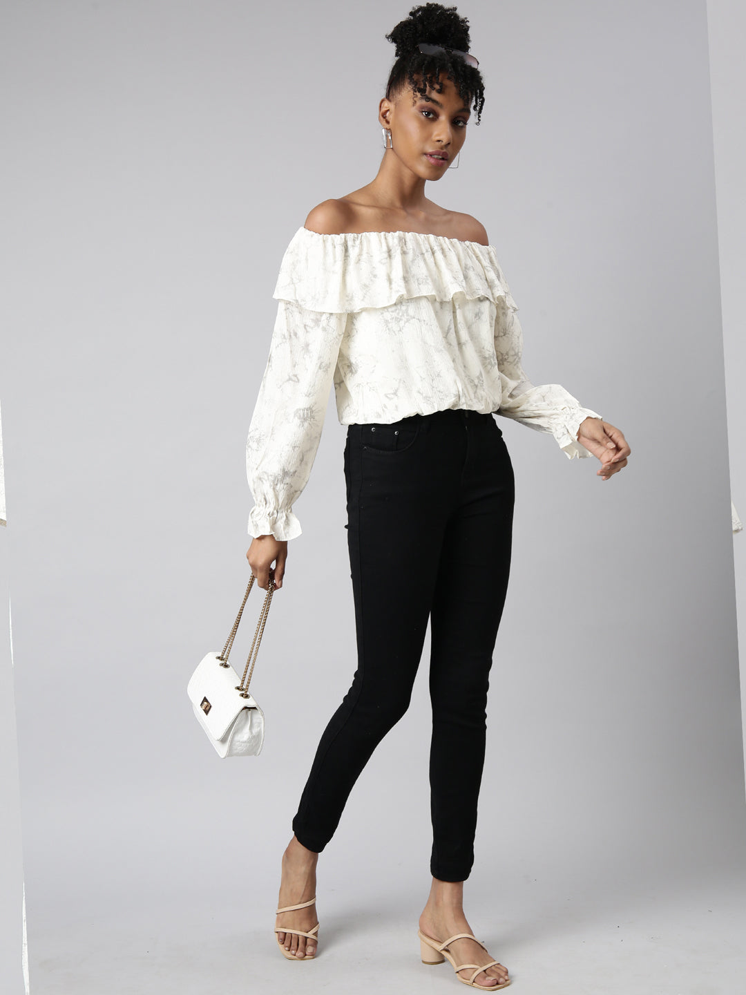 Women's Cream Off-Shoulder Abstract Bell Sleeve Blouson Crop Top