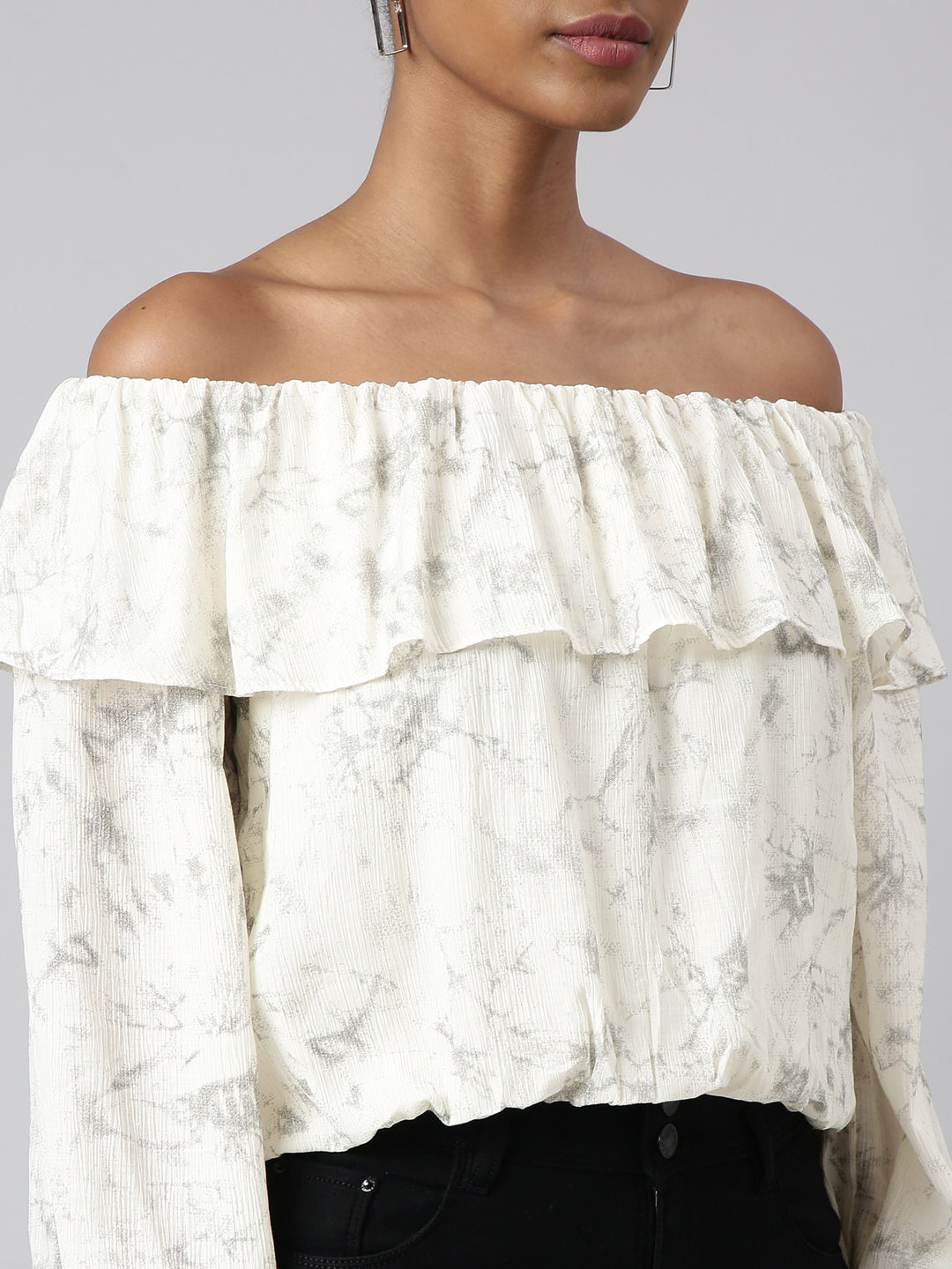 Women's Cream Off-Shoulder Abstract Bell Sleeve Blouson Crop Top