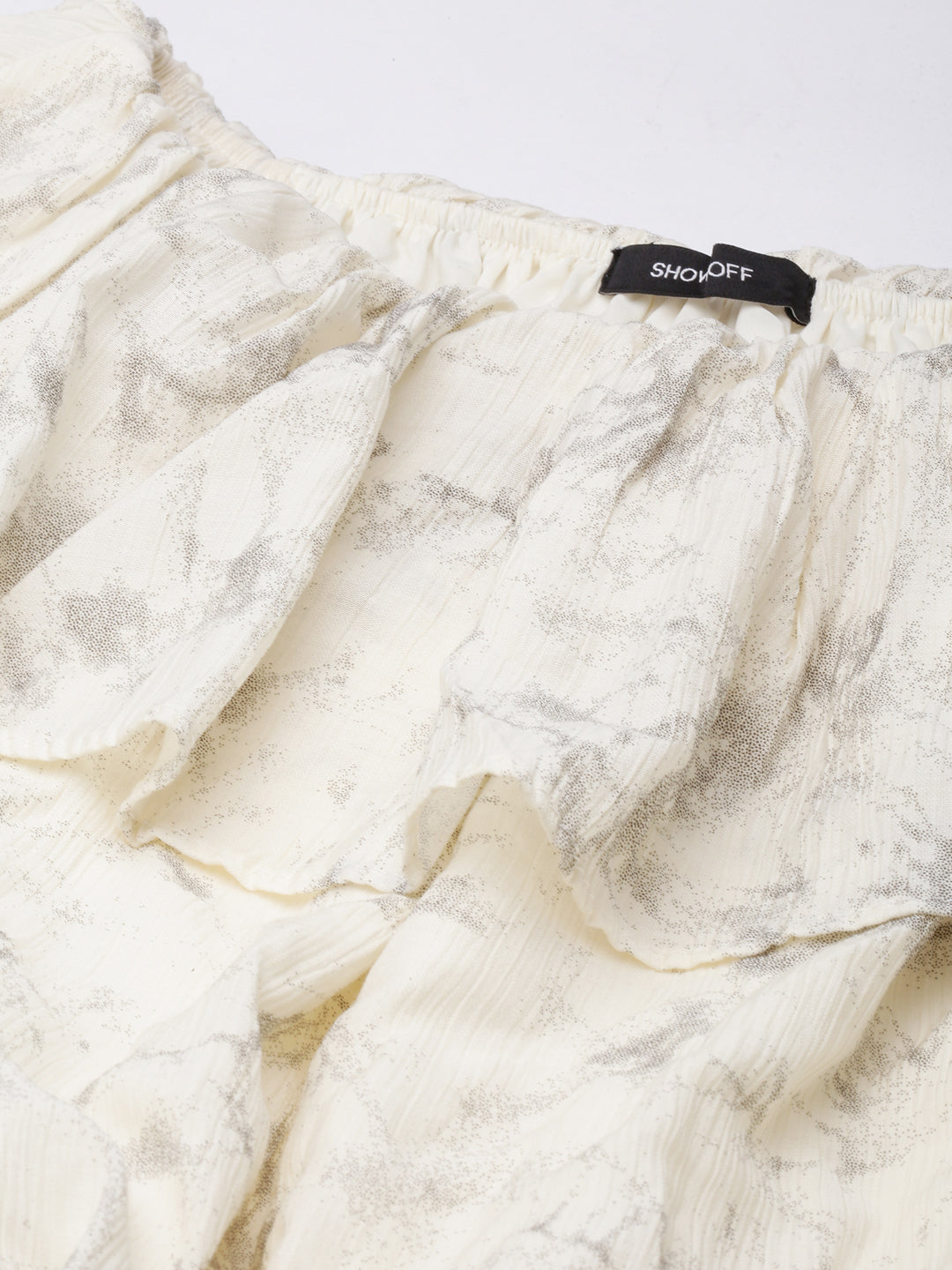 Women's Cream Off-Shoulder Abstract Bell Sleeve Blouson Crop Top