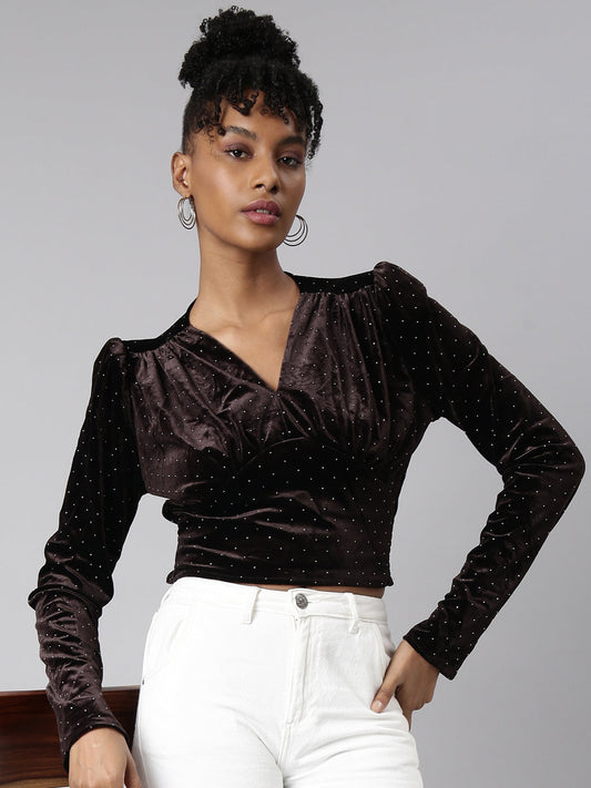 Women's Brown V-Neck Embellished Puff Sleeve Studded Wrap Top