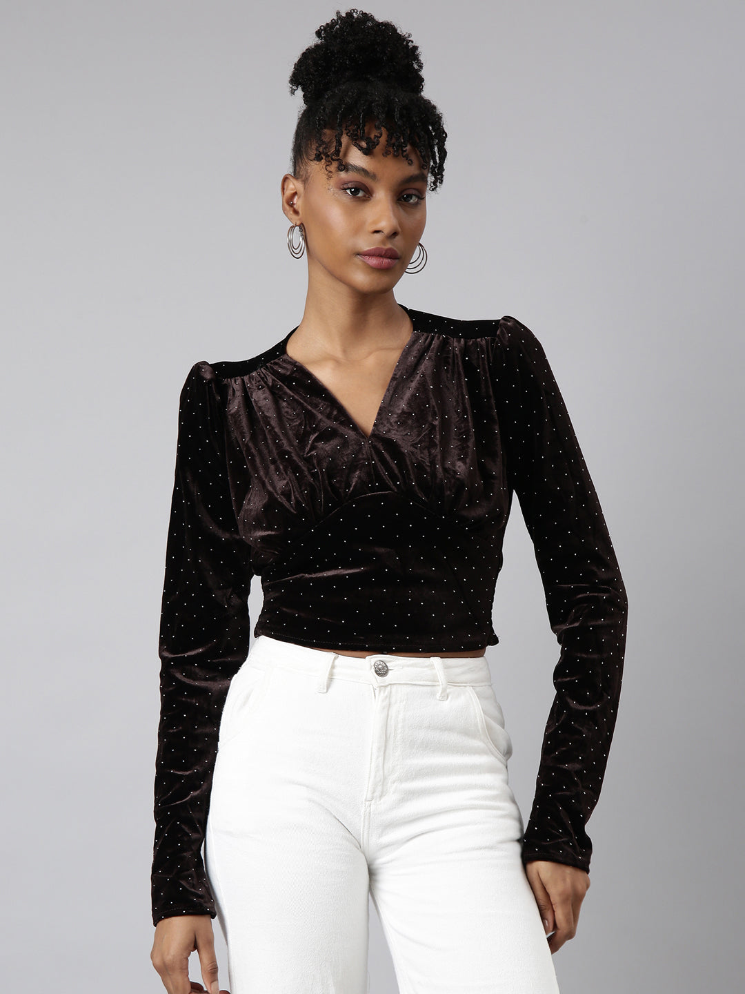 Women's Brown V-Neck Embellished Puff Sleeve Studded Wrap Top