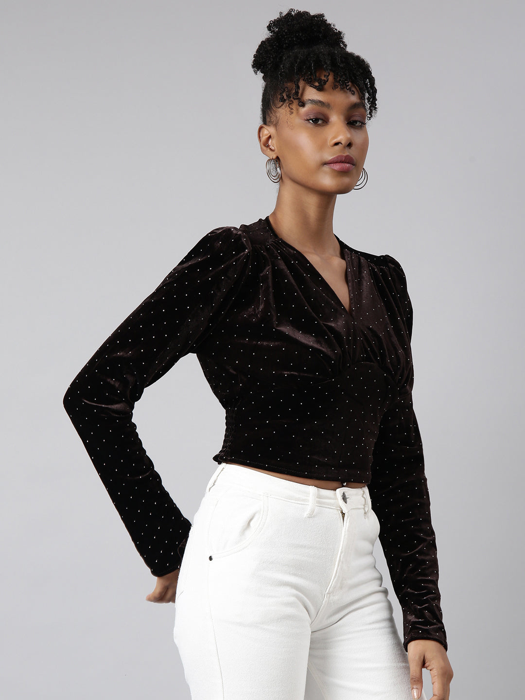 Women's Brown V-Neck Embellished Puff Sleeve Studded Wrap Top
