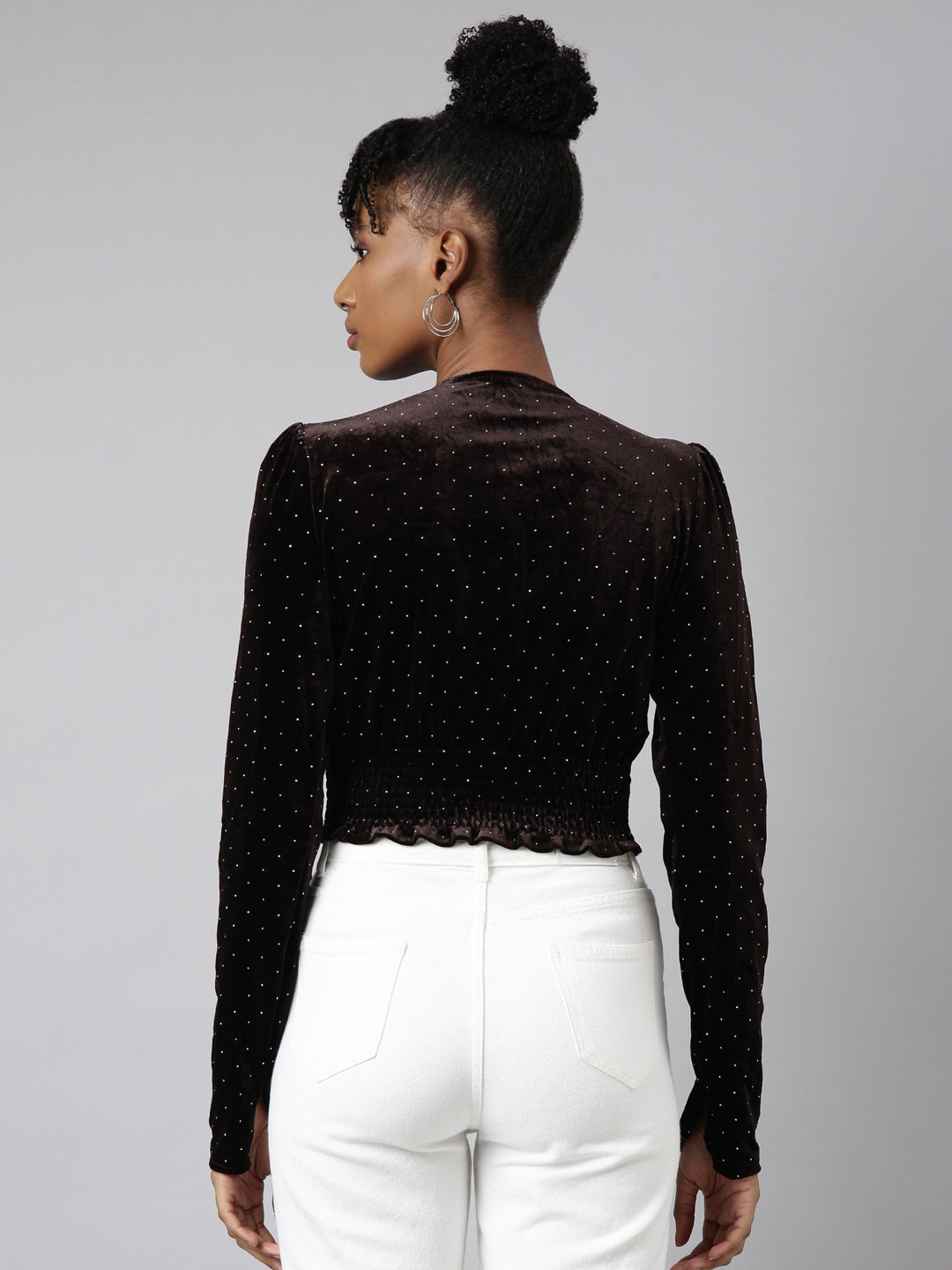 Women's Brown V-Neck Embellished Puff Sleeve Studded Wrap Top