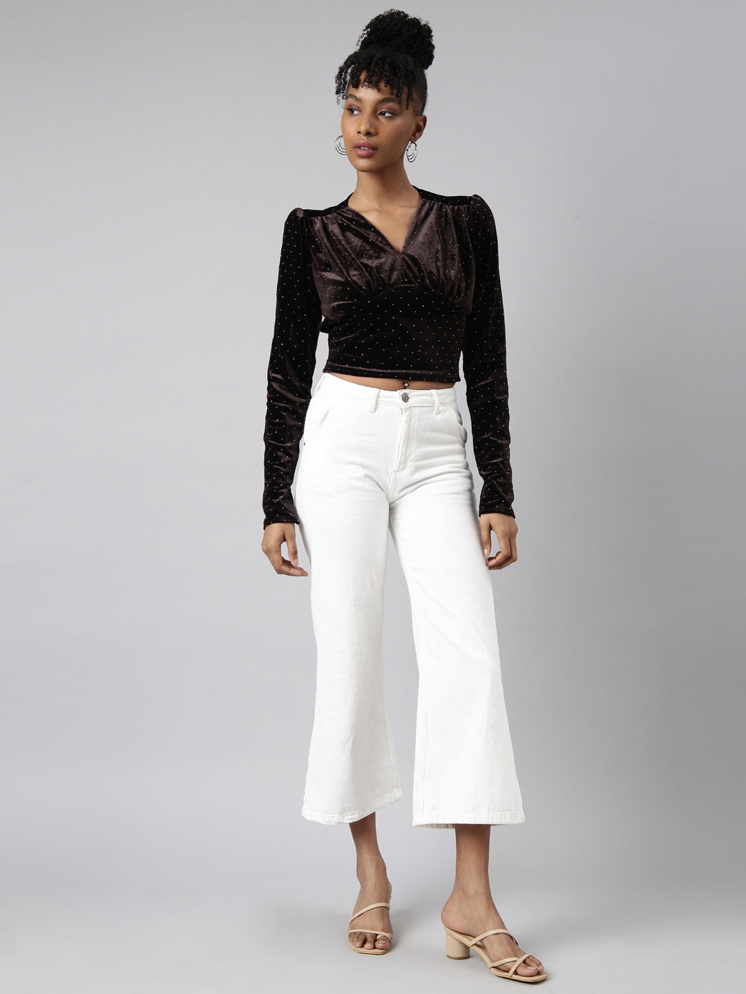 Women's Brown V-Neck Embellished Puff Sleeve Studded Wrap Top