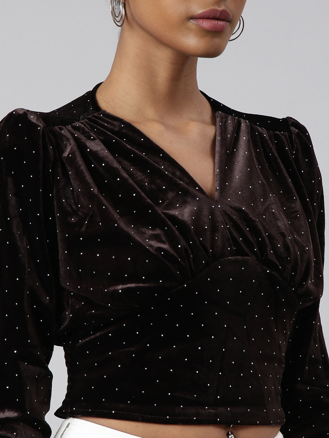 Women's Brown V-Neck Embellished Puff Sleeve Studded Wrap Top