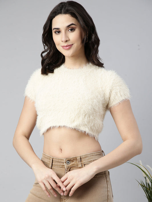 Women's Cream Self Design Faux Fur Trim Acrylic Crop Top