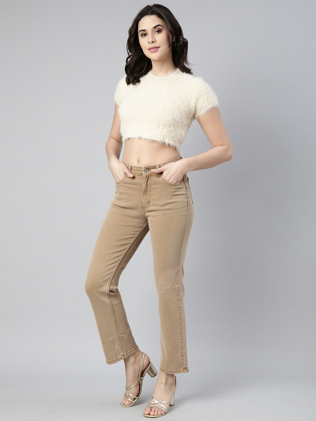 Women's Cream Self Design Faux Fur Trim Acrylic Crop Top
