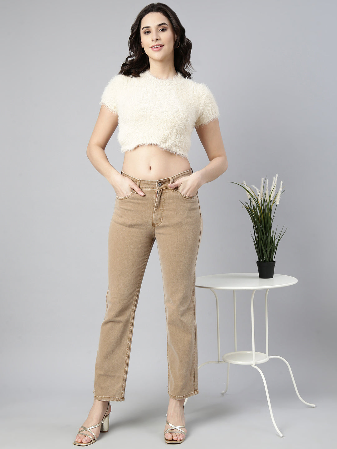 Women's Cream Self Design Faux Fur Trim Acrylic Crop Top