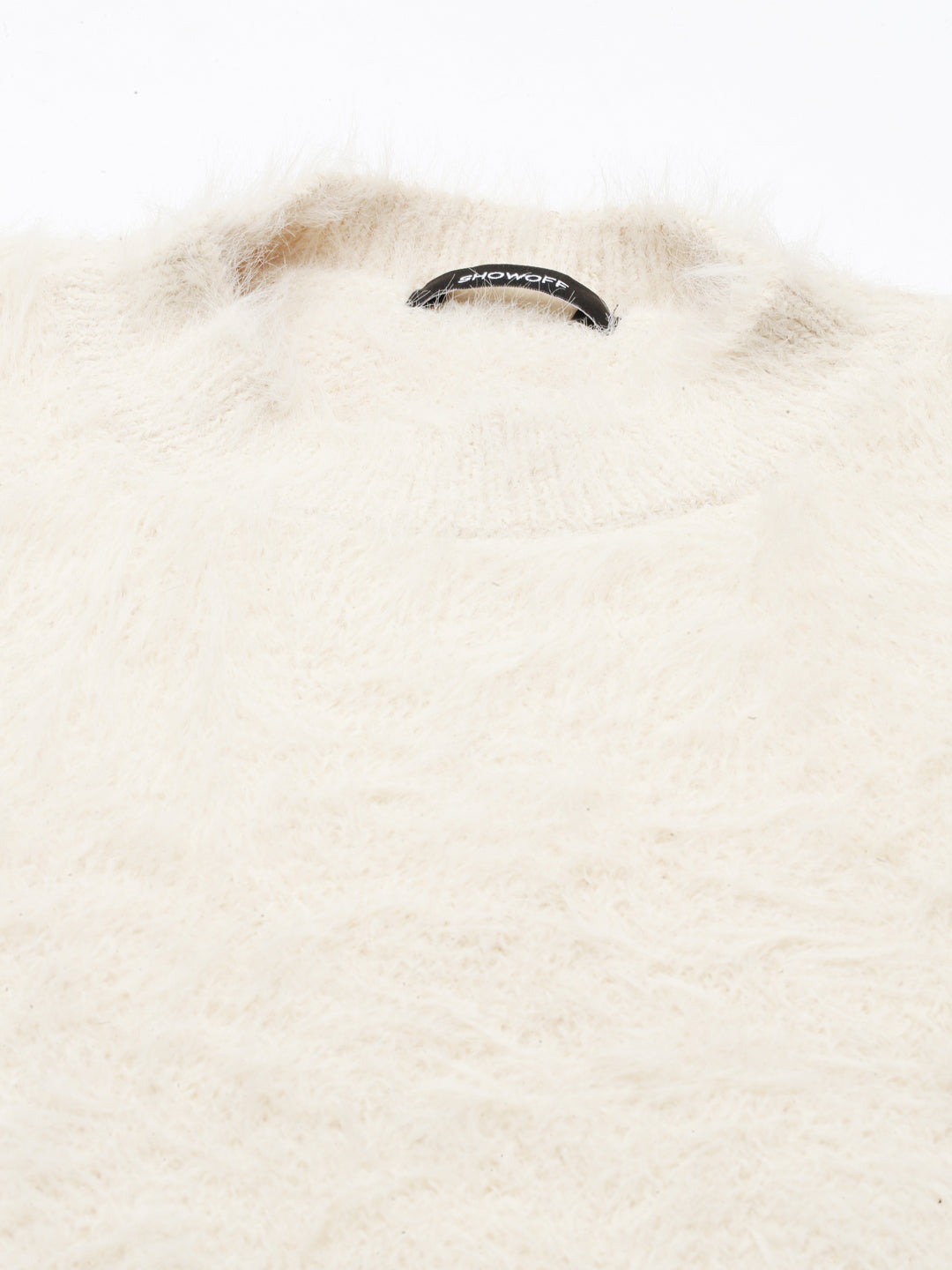 Women's Cream Self Design Faux Fur Trim Acrylic Crop Top