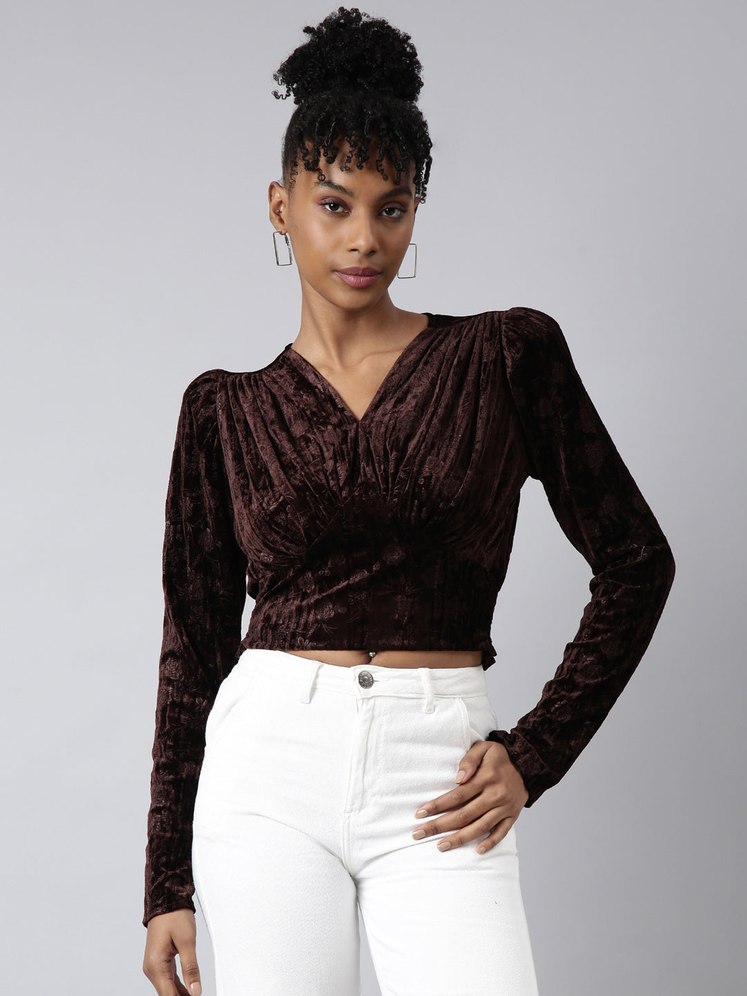 Women's Brown Long Sleeves V-Neck Self Design Cinched Waist Crop Top