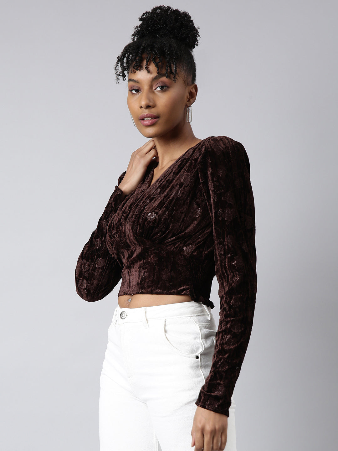 Women's Brown Long Sleeves V-Neck Self Design Cinched Waist Crop Top
