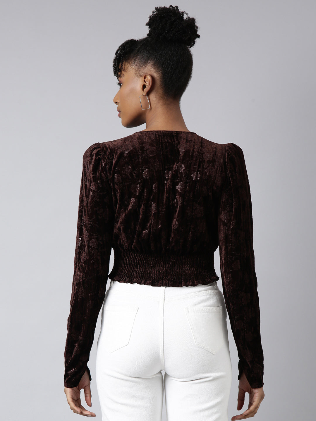 Women's Brown Long Sleeves V-Neck Self Design Cinched Waist Crop Top