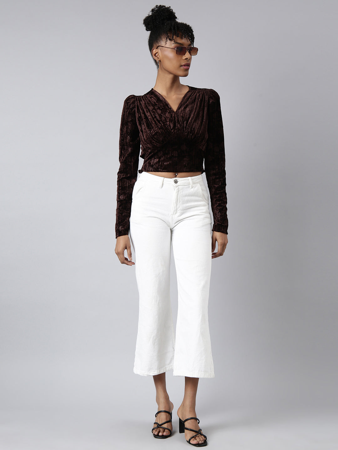 Women's Brown Long Sleeves V-Neck Self Design Cinched Waist Crop Top