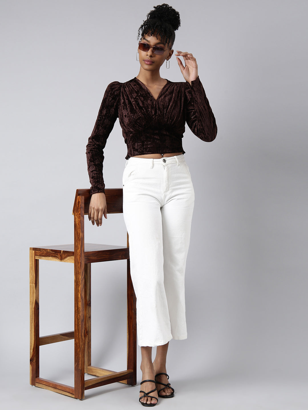 Women's Brown Long Sleeves V-Neck Self Design Cinched Waist Crop Top