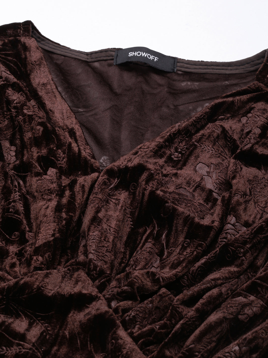Women's Brown Long Sleeves V-Neck Self Design Cinched Waist Crop Top