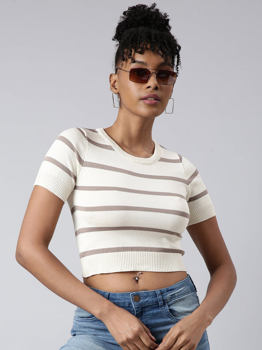 Women's Cream Horizontal Stripes Fitted Crop Top