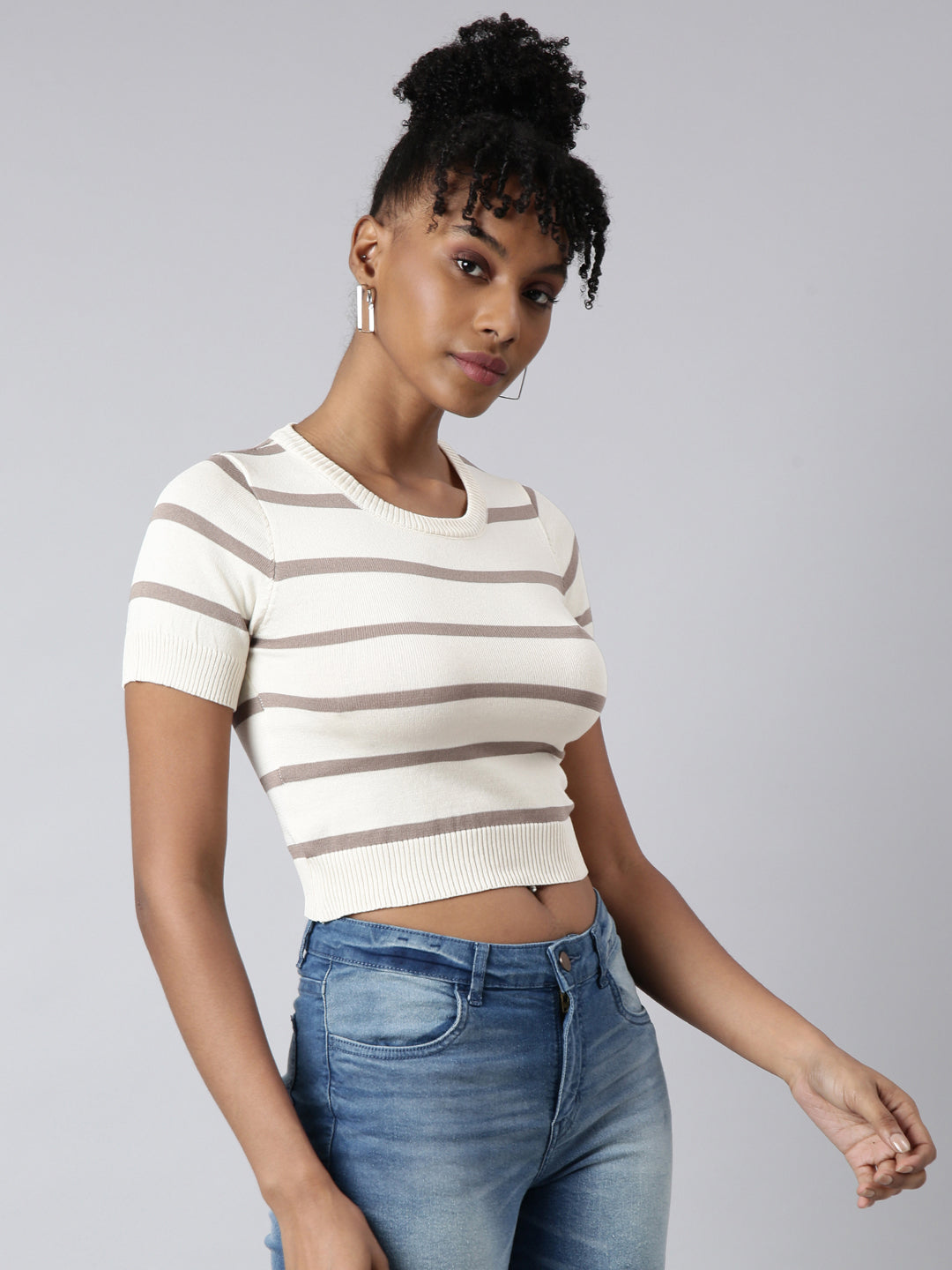 Women's Cream Horizontal Stripes Fitted Crop Top