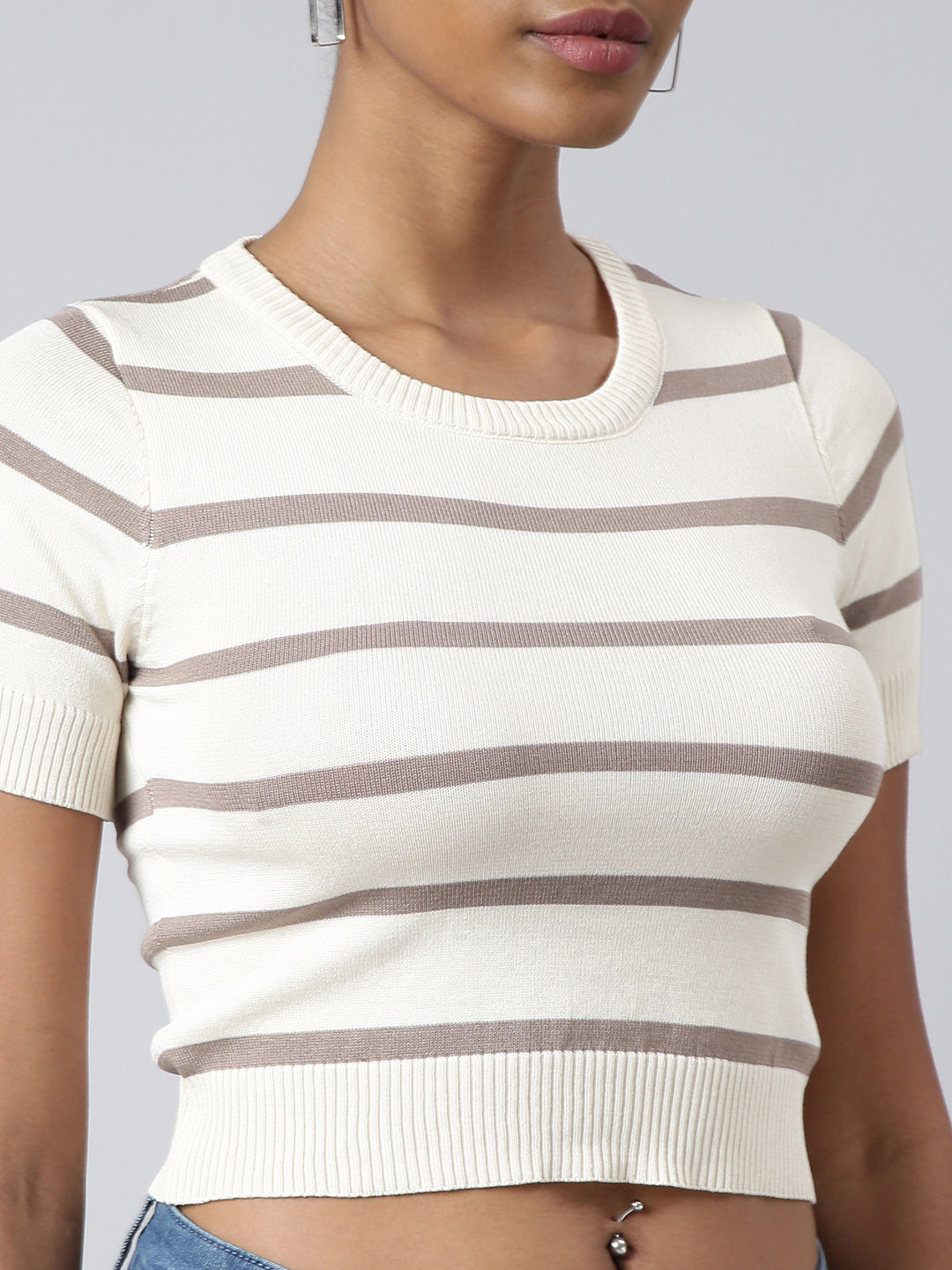 Women's Cream Horizontal Stripes Fitted Crop Top