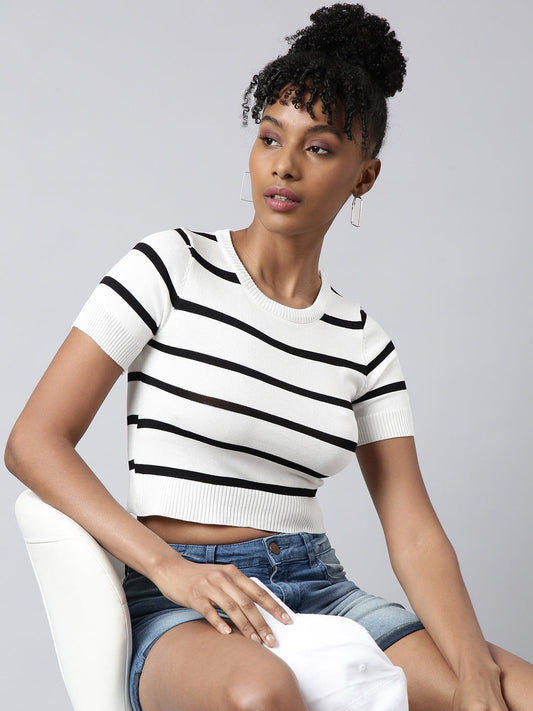 Women's White Striped Round Neck Fitted Crop Top
