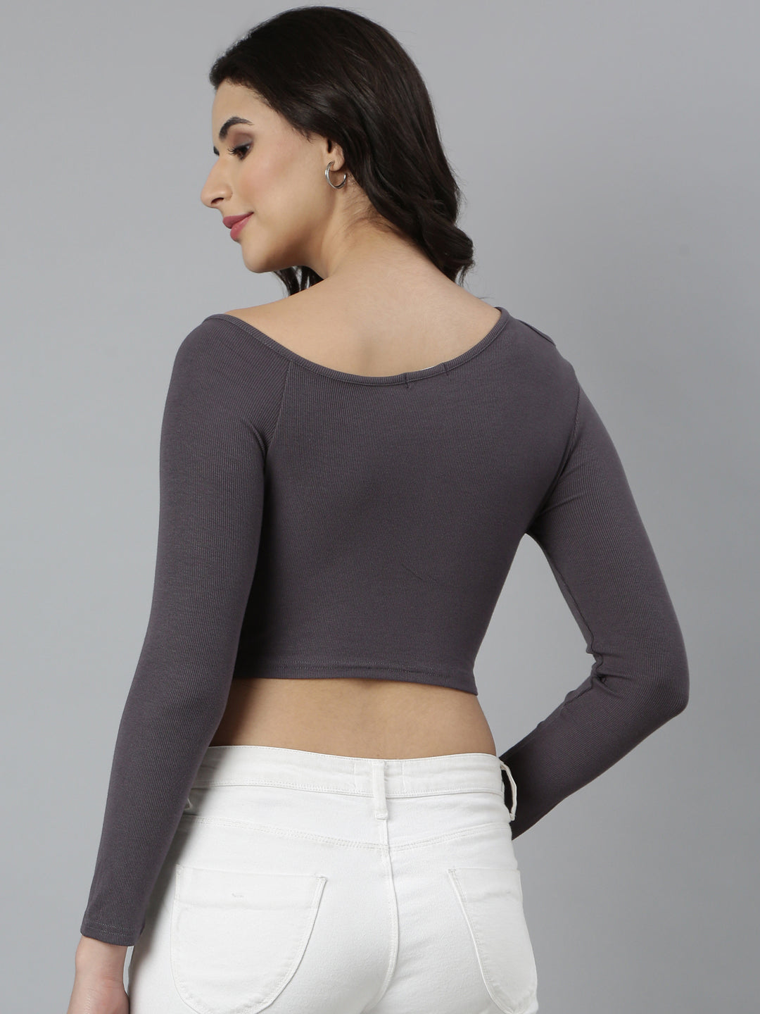 Women's Grey Round Neck Fitted Crop Top
